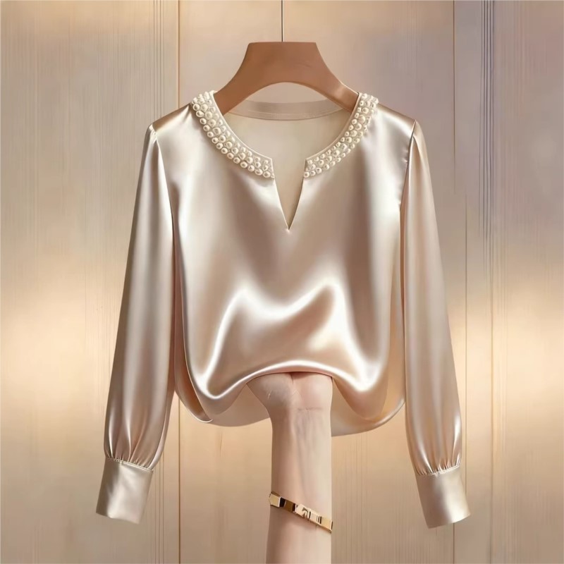 Embroidery Blouse - Elegant French Style Satin Pearl Collar
