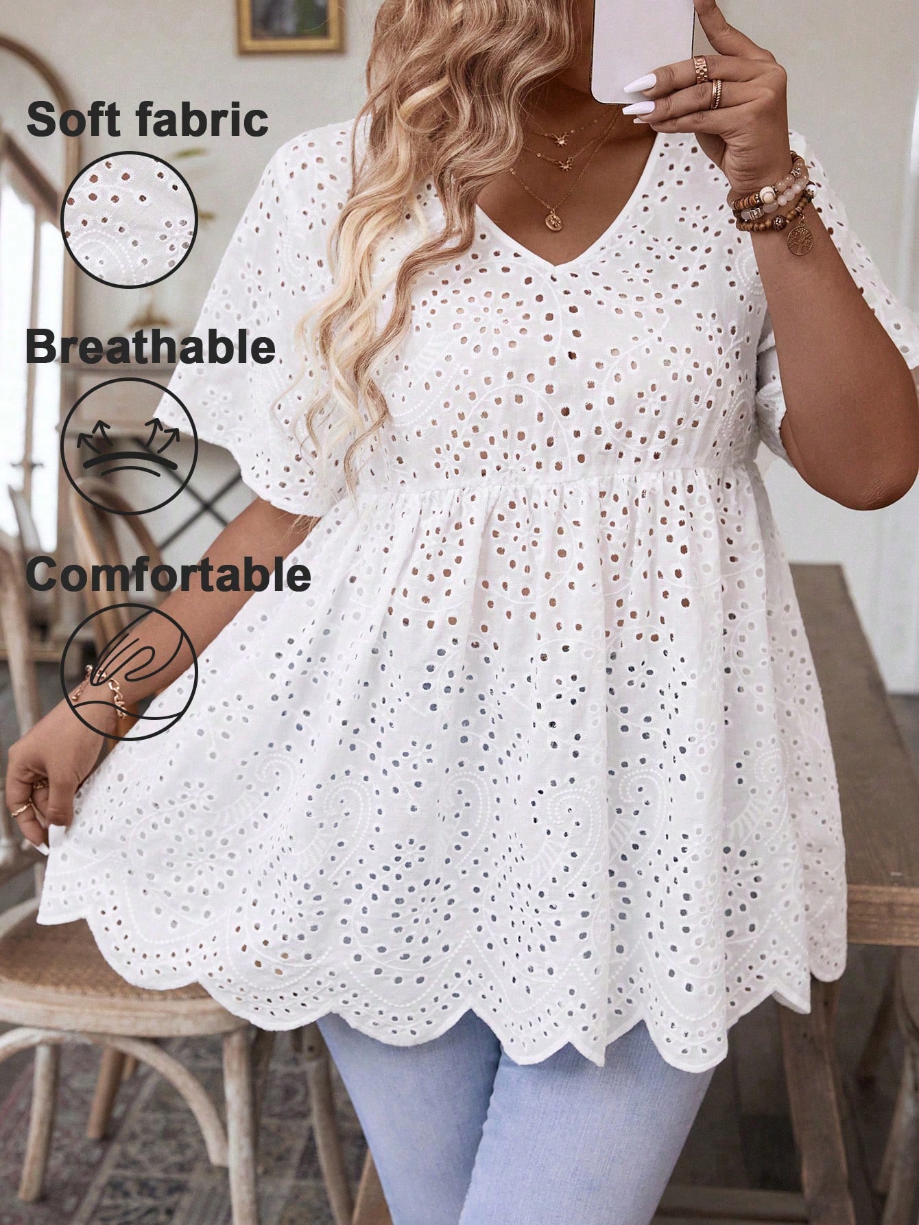 Embroidery Blouse - Women's Plus Size White Eyelet Embroidery