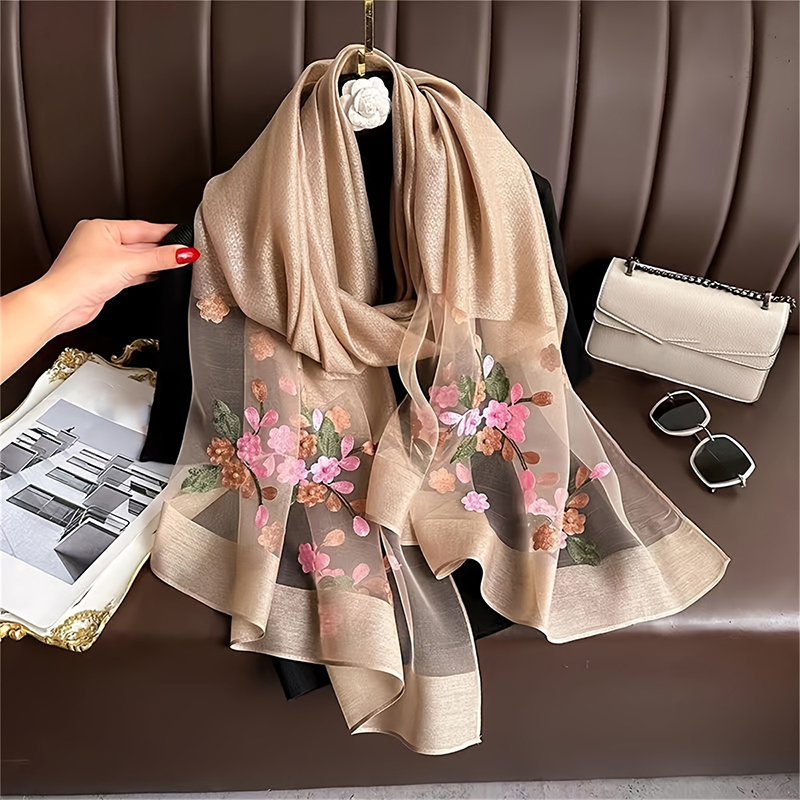 Embroidery Pashmina - Women Silk Wool Scarf Floral Embroidery