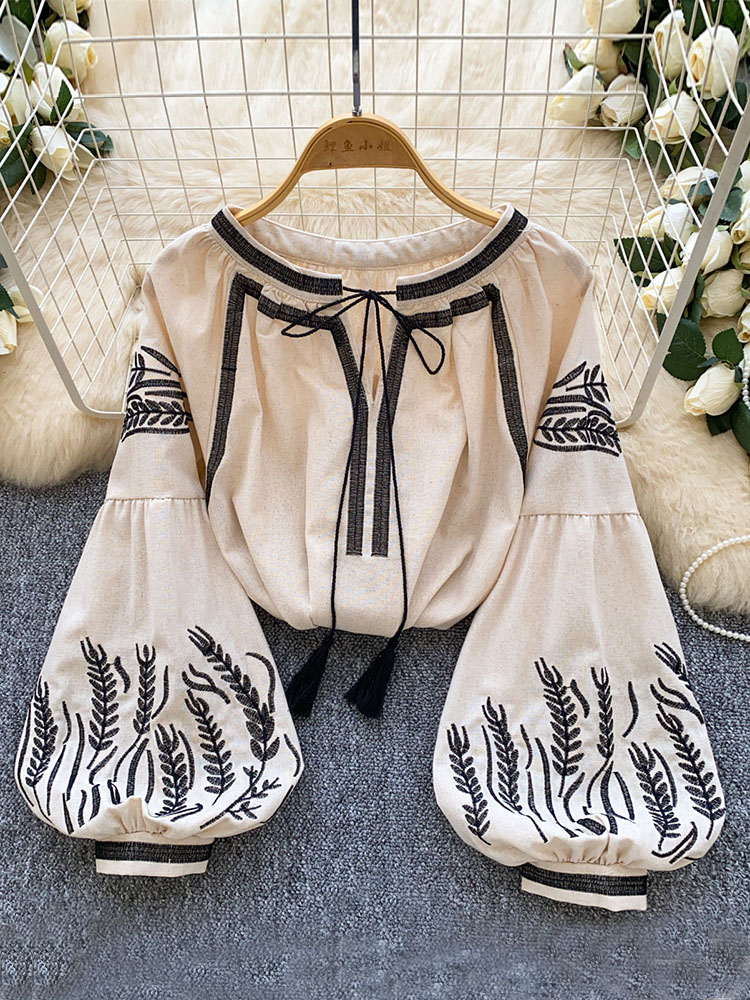 Embroidery Blouse - Women Bohemian-style Blouse Embroidered Lantern Sleeve