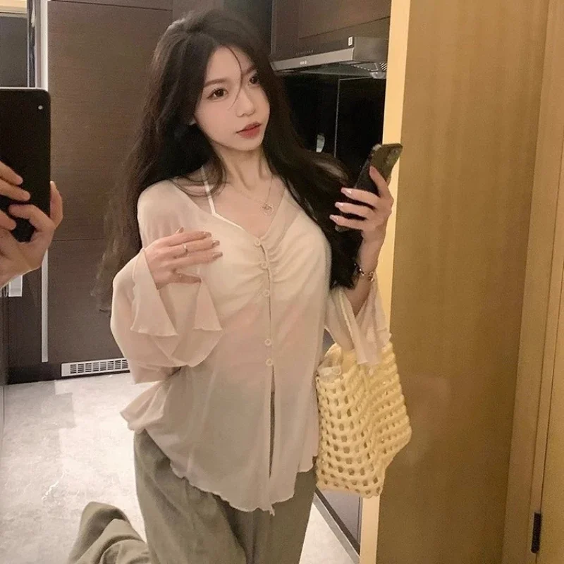 Embroidery Blouse - Sheer Flare Sleeve Blouse - Y2K