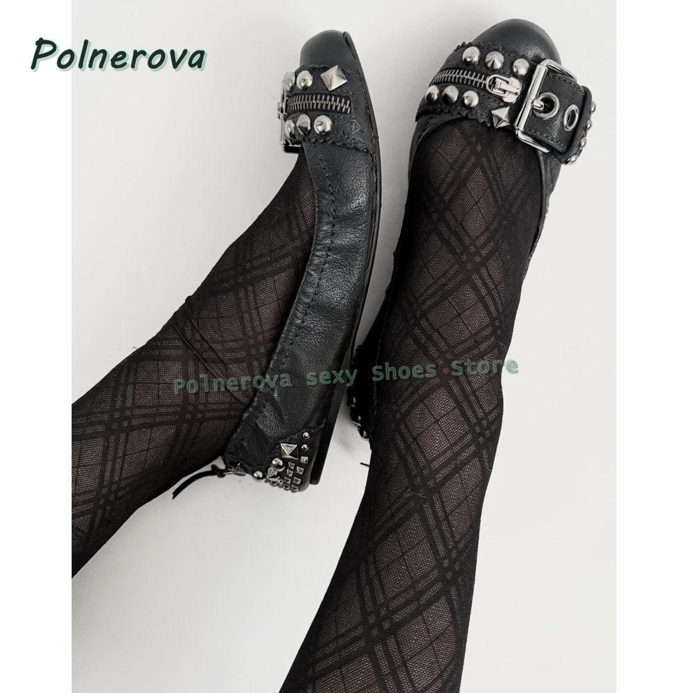 Embroidery Flat Shoes - Rivet Belt Buckle Mary Jane Shoes