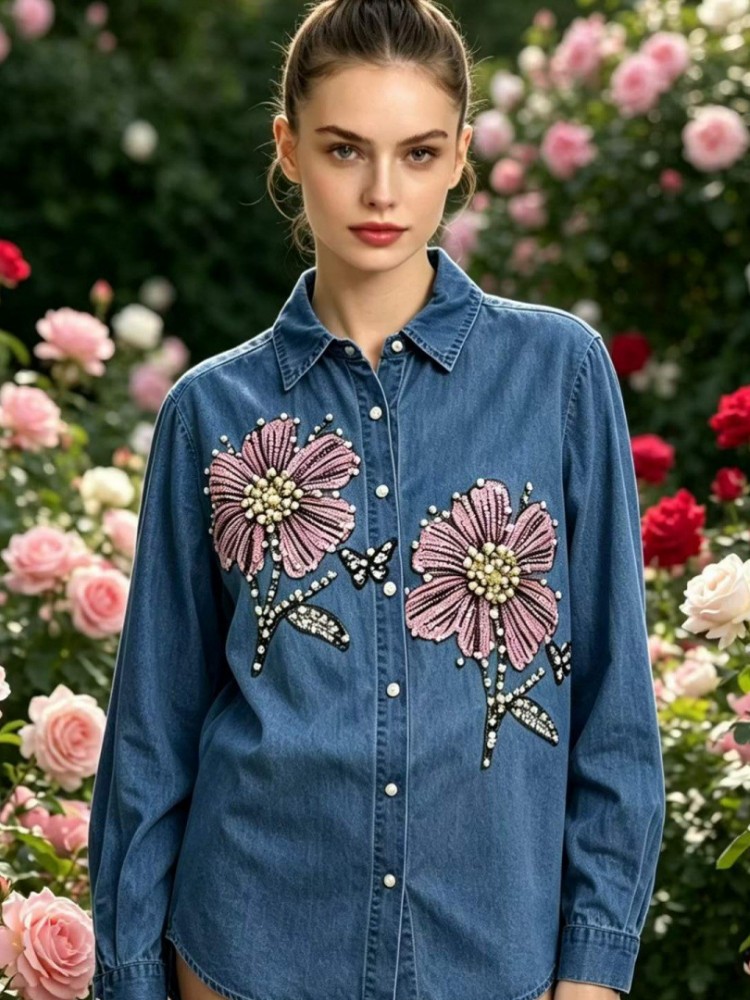 Embroidery Blouse - Women Denim Embroidery Blouses Spring Autumn