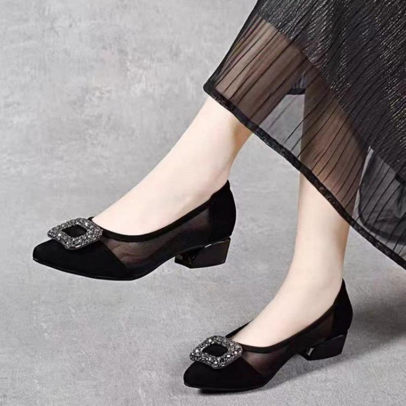 Embroidery Flat Shoes - Elegant Pointed Toe Mesh Block Heel