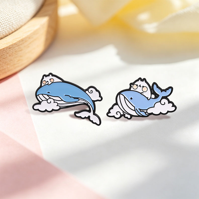 Cute Cat Ride Blue Whale Ename - Embroidery Whale ulasan dan harga