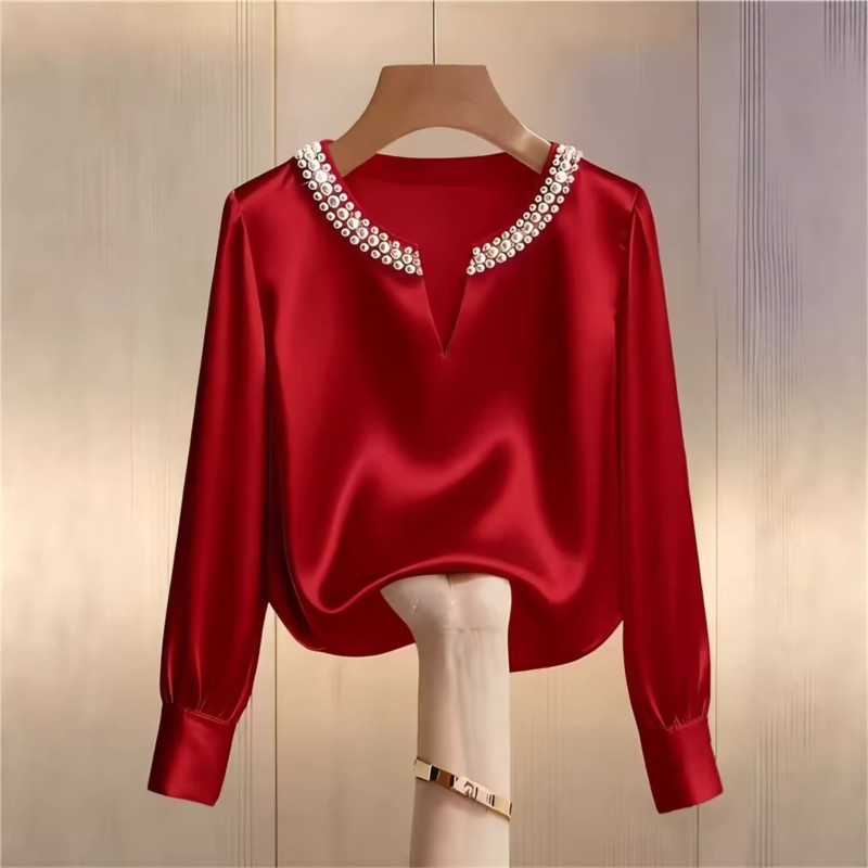 Elegant French Style Satin Pea - Embroidery Blouse ulasan dan harga