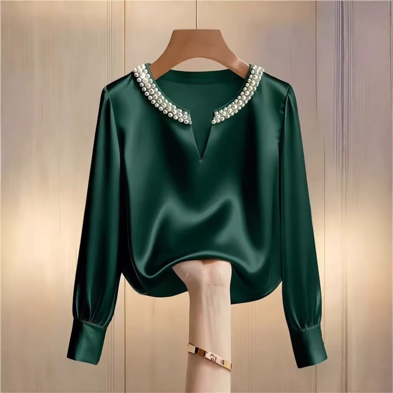 Elegant French Style Satin Pea - Embroidery Blouse ulasan dan harga