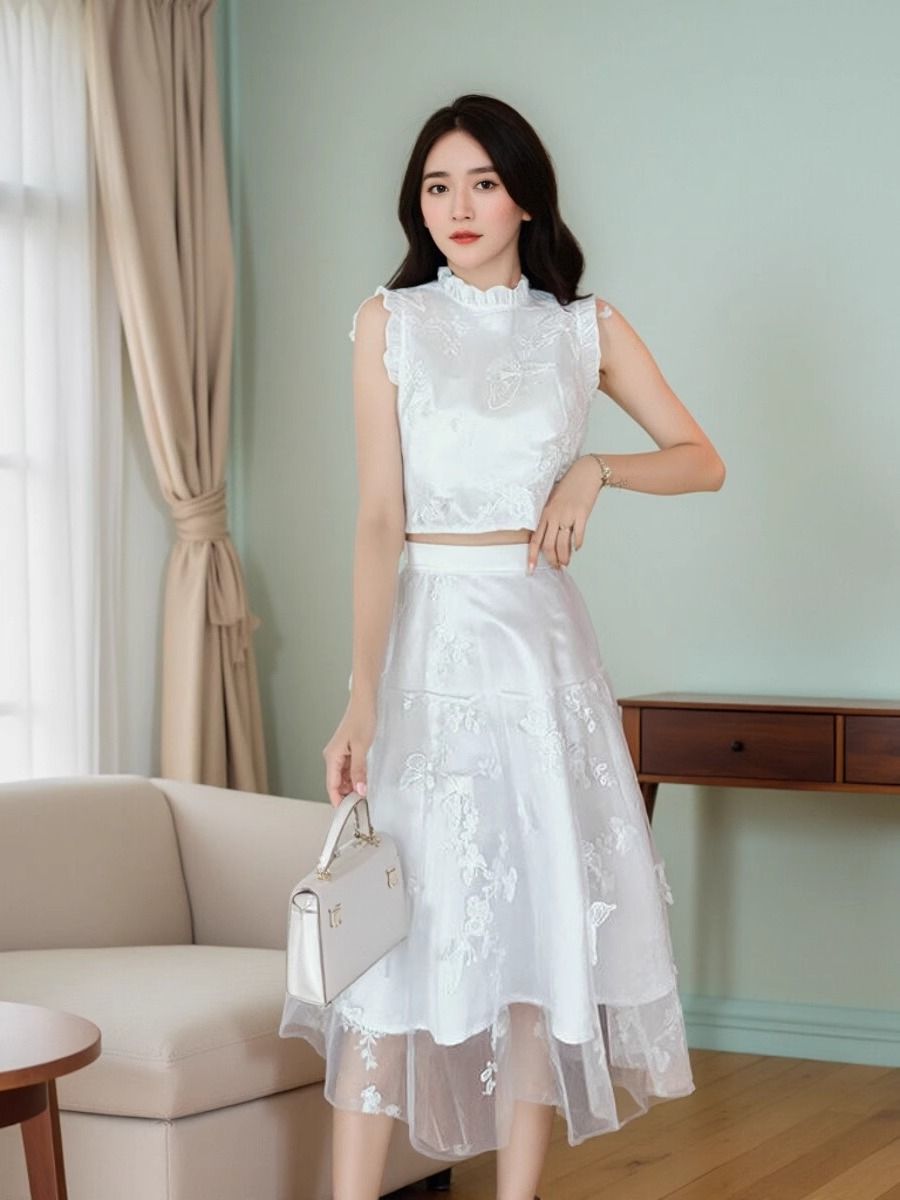 New Summer High End White 2 Pi - Embroidery Blouse ulasan dan harga