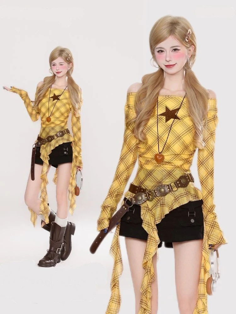Y2K Plaid Slash Neck Vintage T - Embroidery Origin ulasan dan harga