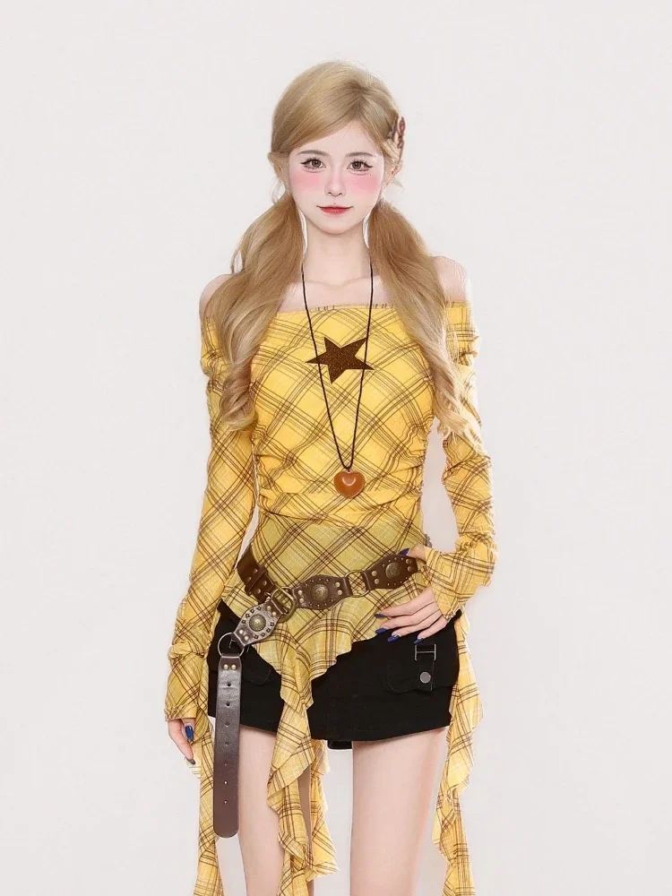 Y2K Plaid Slash Neck Vintage T - Embroidery Origin ulasan dan harga