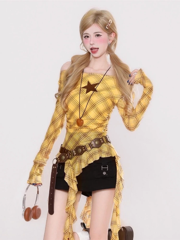 Y2K Plaid Slash Neck Vintage T - Embroidery Origin ulasan dan harga