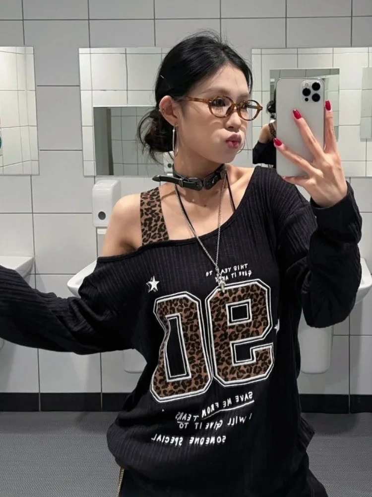 Y2K Patchwork Leopard Print T- - Embroidery Origin ulasan dan harga