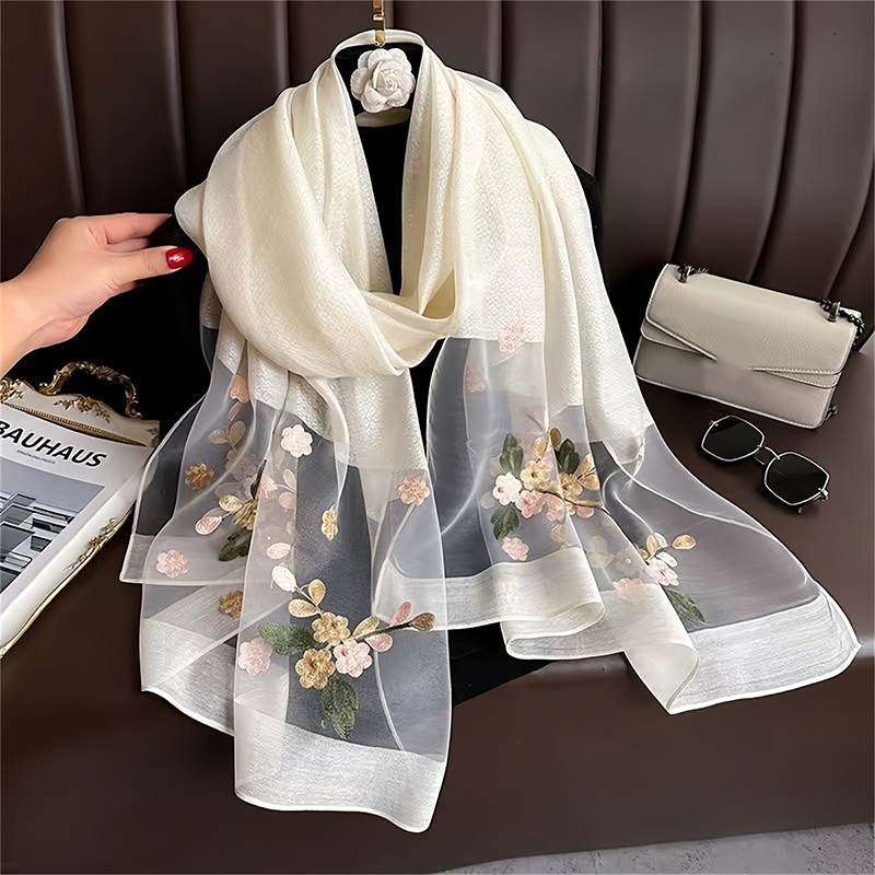 Women Silk Wool Scarf Floral E - Embroidery Pashmina ulasan dan harga