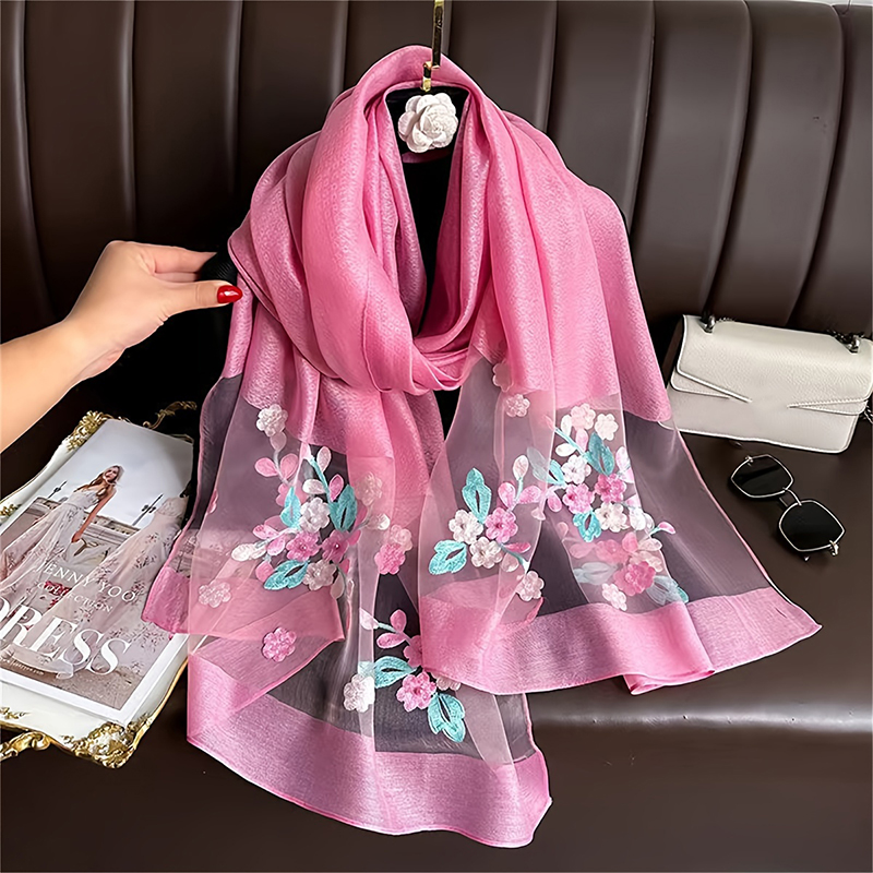 Women Silk Wool Scarf Floral E - Embroidery Pashmina ulasan dan harga