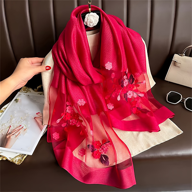 Women Silk Wool Scarf Floral E - Embroidery Pashmina ulasan dan harga
