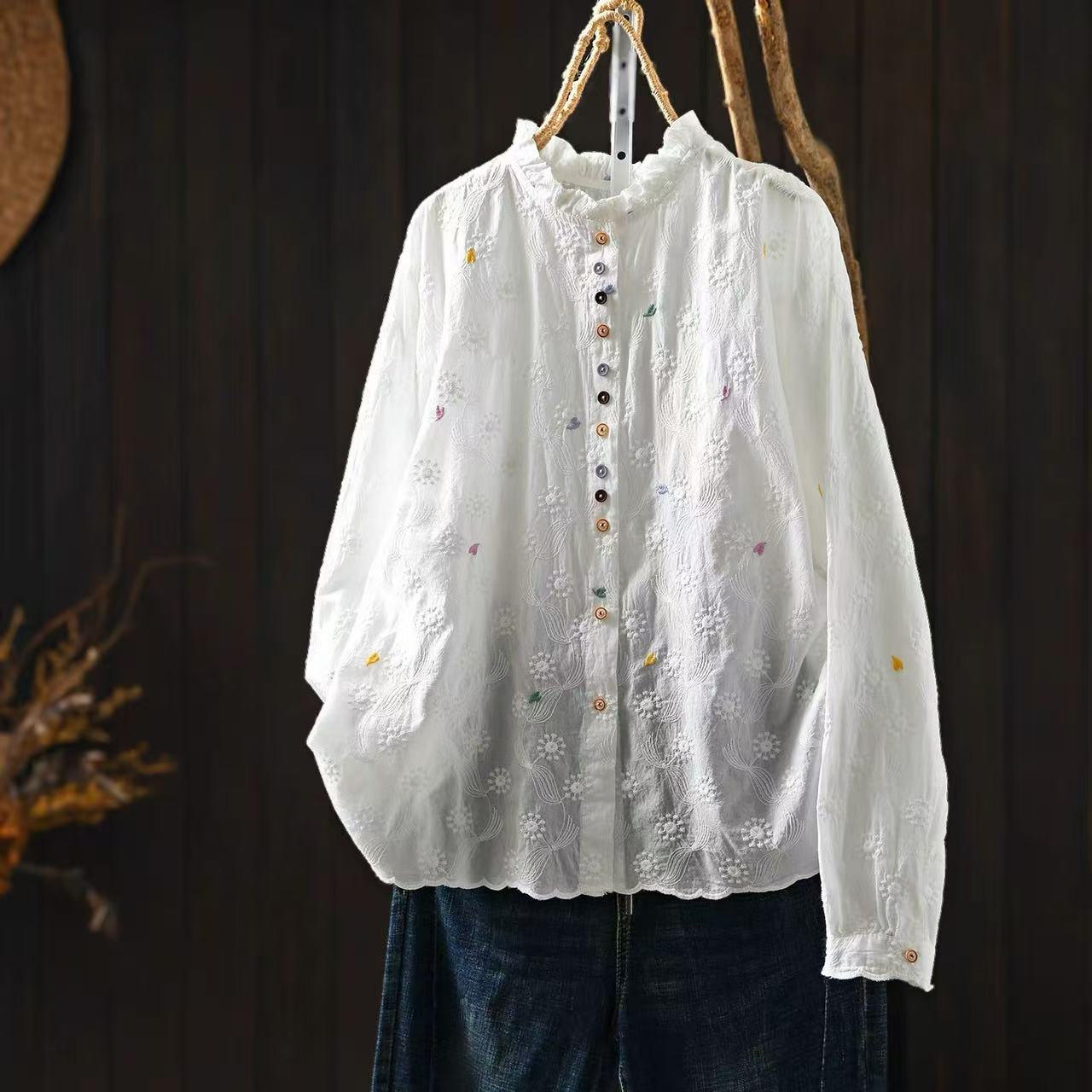 Women Ruffled Stand Collar Blo - Embroidery Eyelet ulasan dan harga