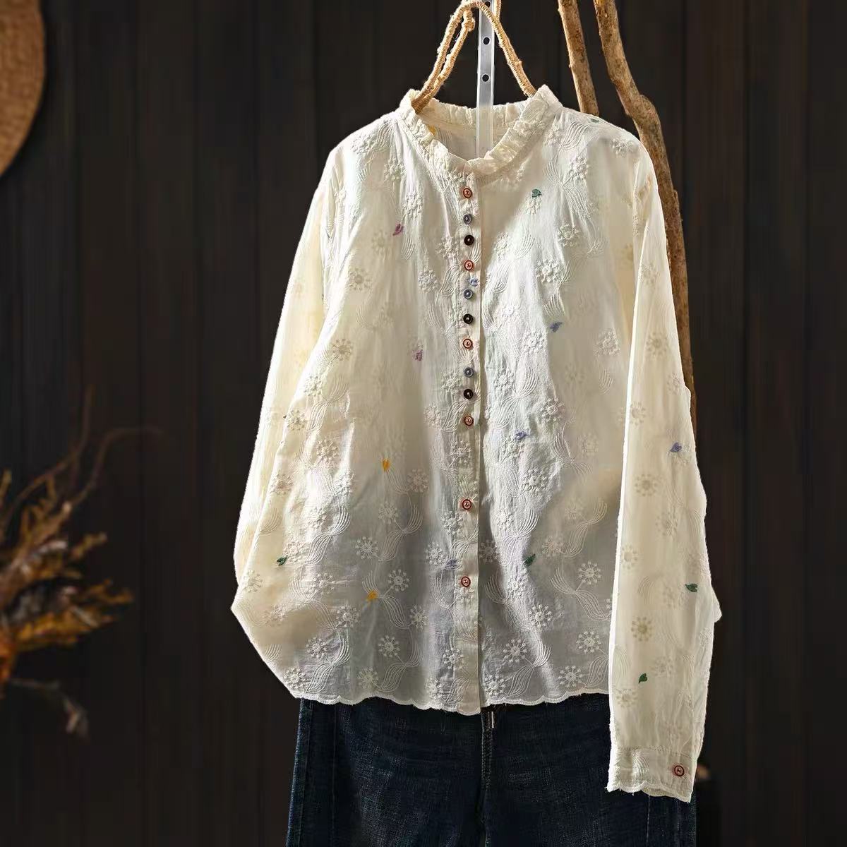 Women Ruffled Stand Collar Blo - Embroidery Eyelet ulasan dan harga