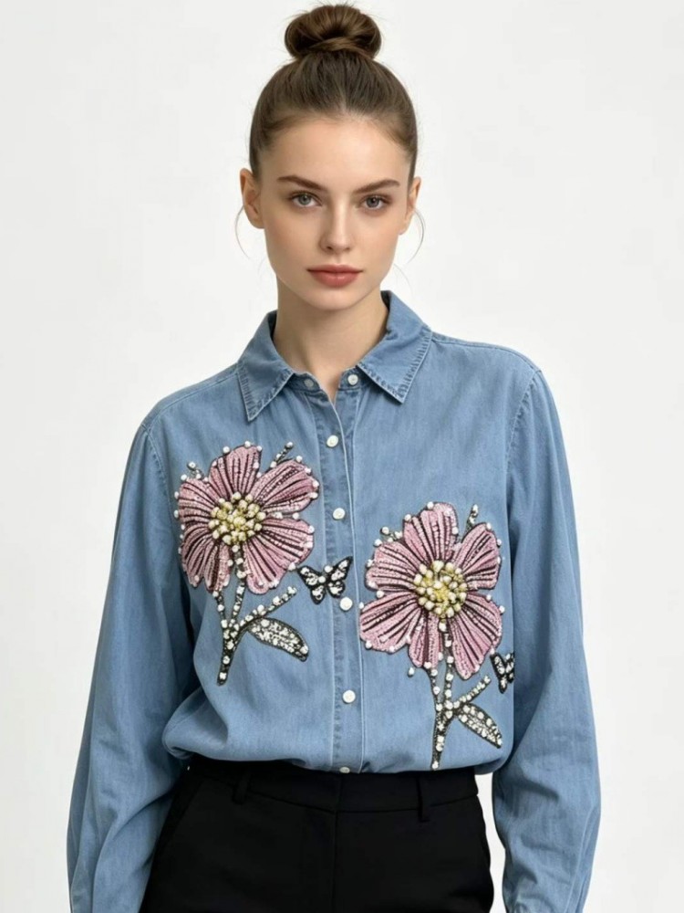 Women Denim Embroidery Blouses - Embroidery Blouse ulasan dan harga