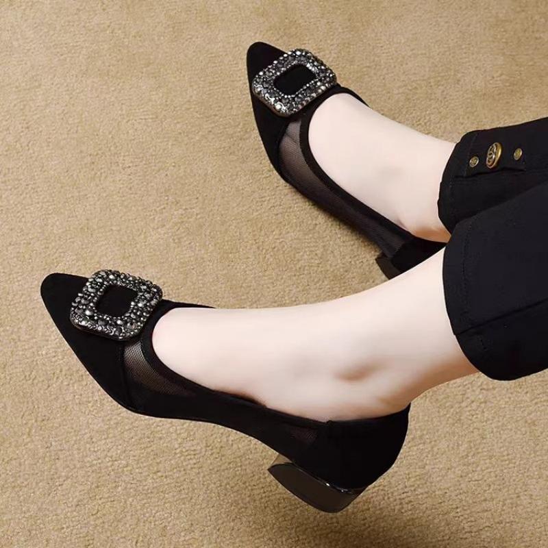 Elegant Pointed Toe Mesh Block - Embroidery Flat Shoes ulasan dan harga